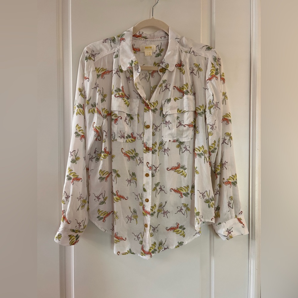 🐯🐅🐒Anthropology🖤Maeve White Blouse with Colorful Safari Print🐯🐅🐒